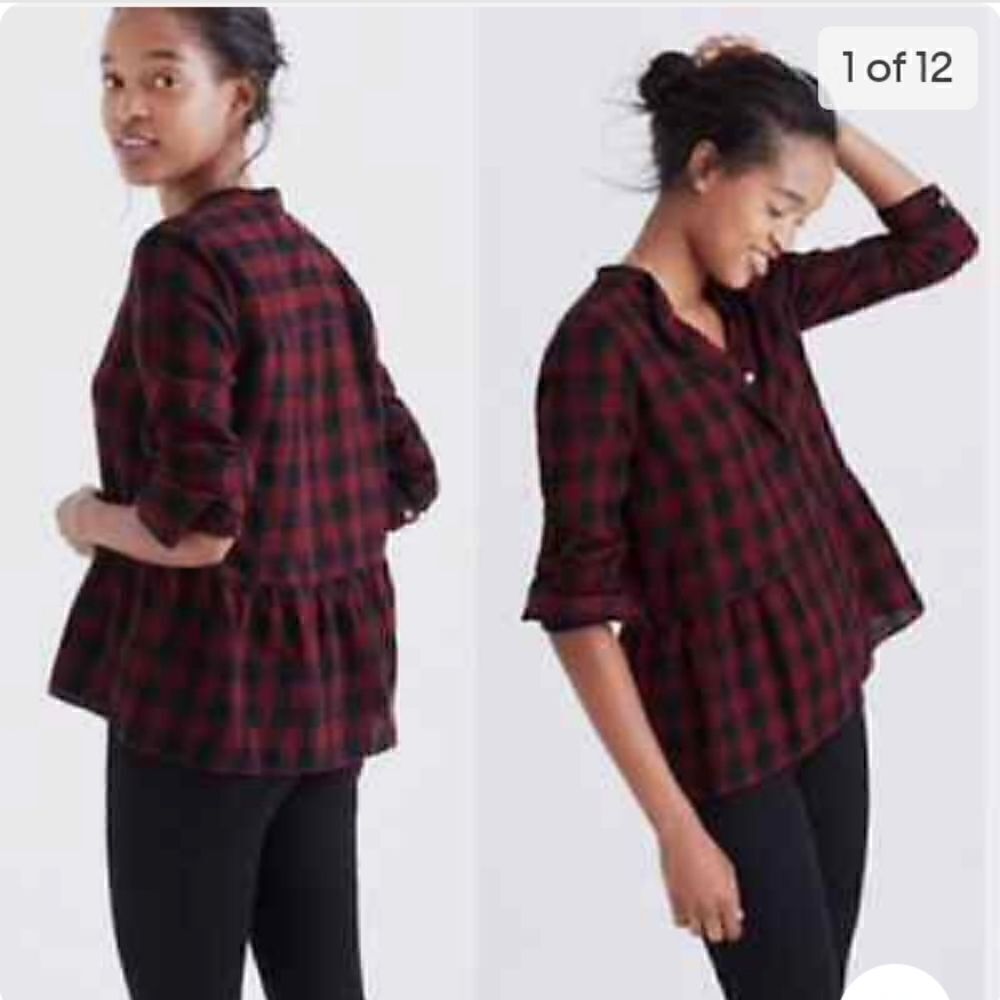 Madewell Peplum Checked Cotton Linen Button Down Shirt - Picture 2 of 13